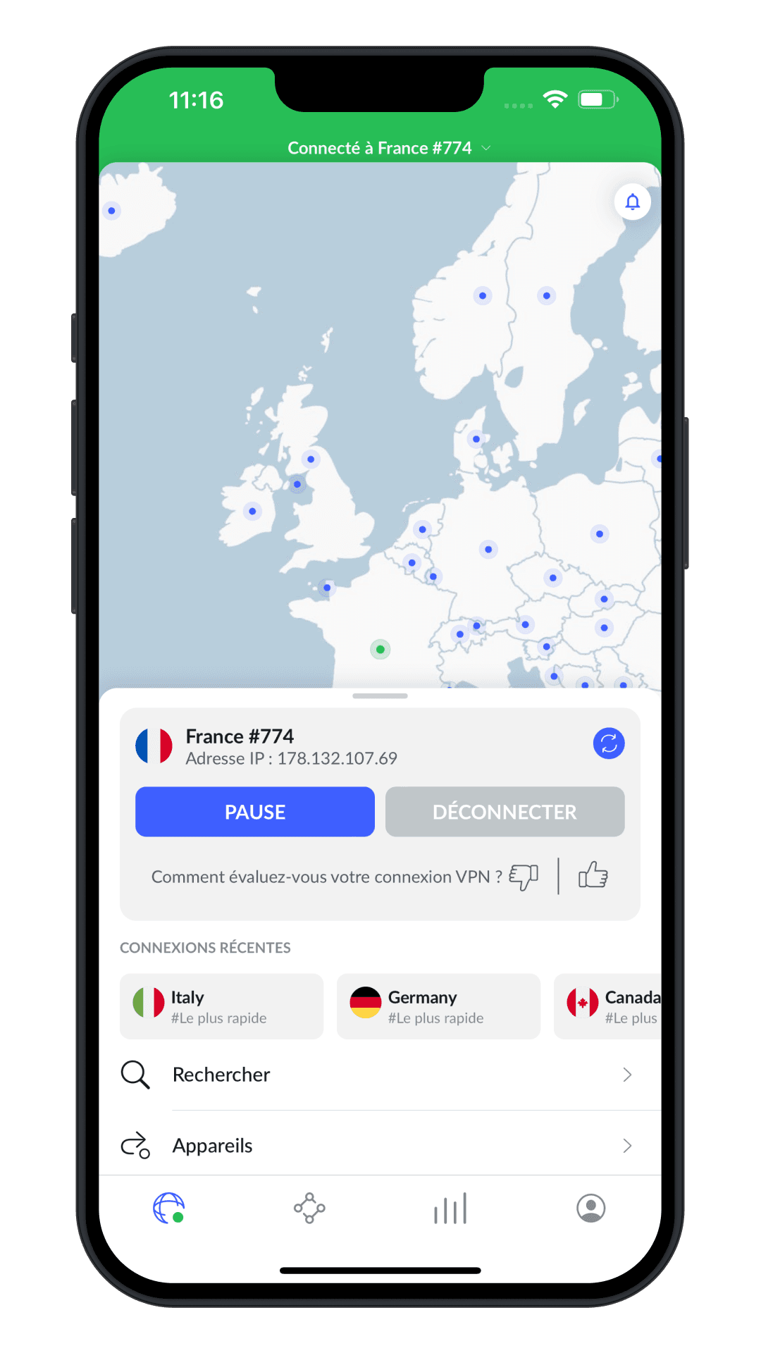 Application NordVPN sur iPhone, connexion active à un serveur France