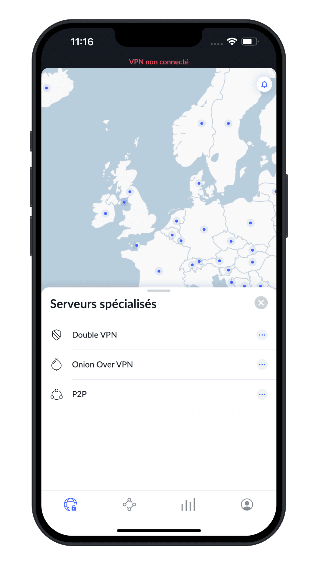 Application NordVPN sur iPhone, liste des serveurs spécialisés