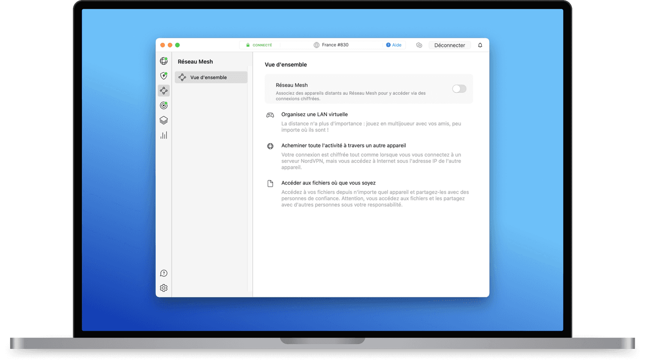 Application NordVPN sur Mac, écran Meshnet