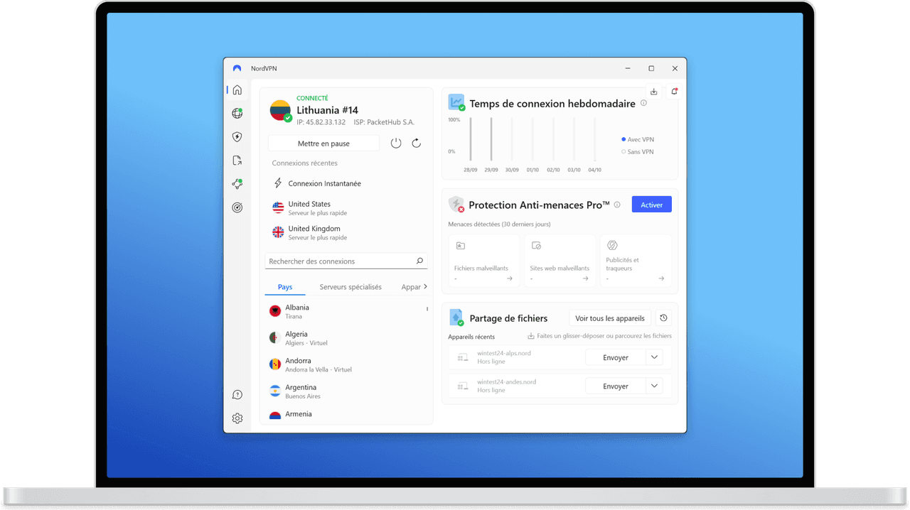 Application NordVPN sur Windows, connexion active à un serveur Lituanie