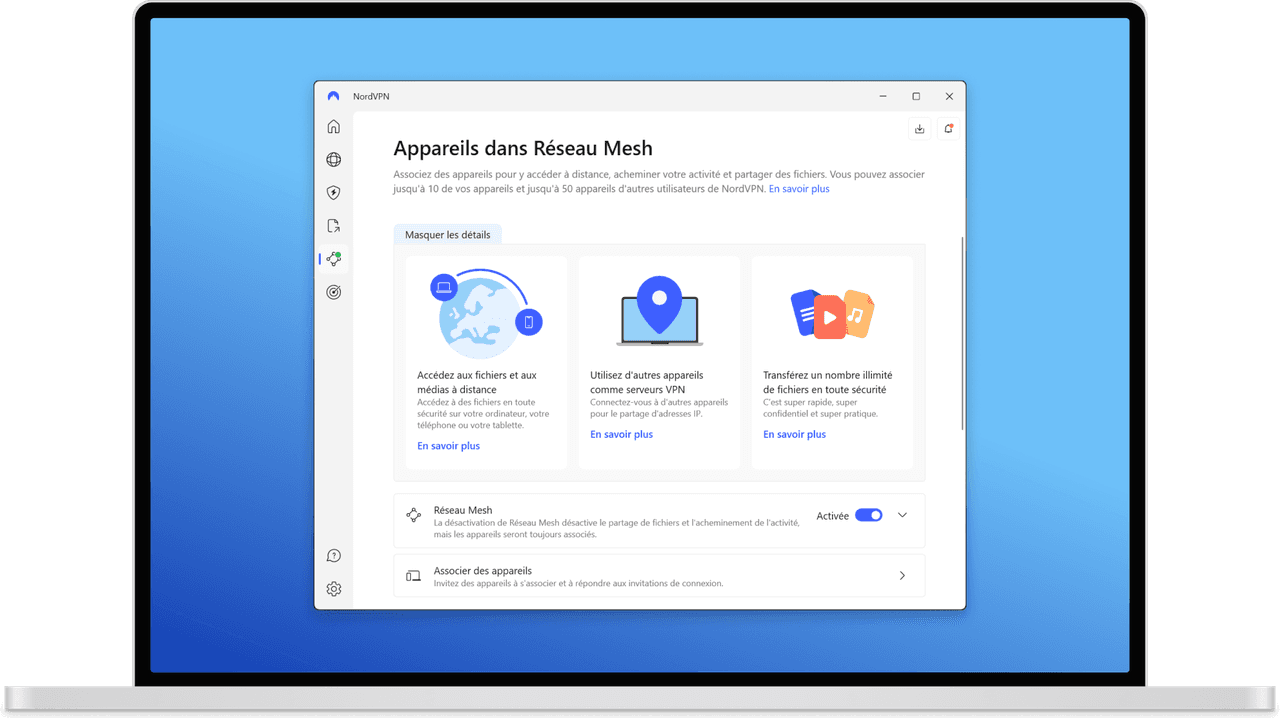 Application NordVPN sur Windows, écran Meshnet et partage de fichiers