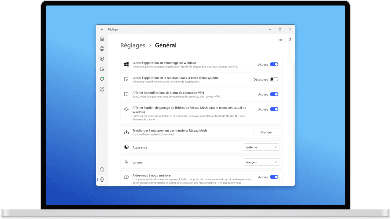 Application NordVPN sur Windows, écran des réglages généraux